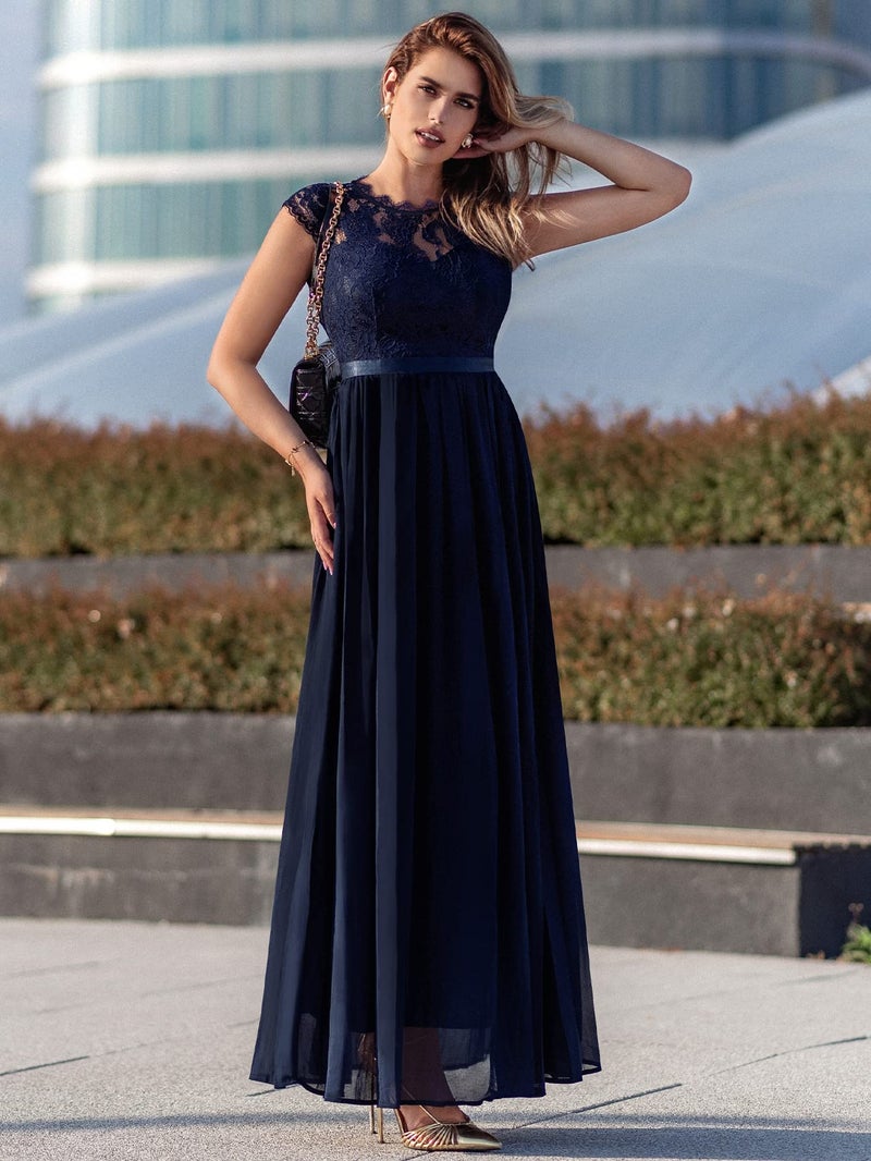 Miusol Women's Formal Floral Lace Evening Party Maxi Dress Navy Blue - Image 4